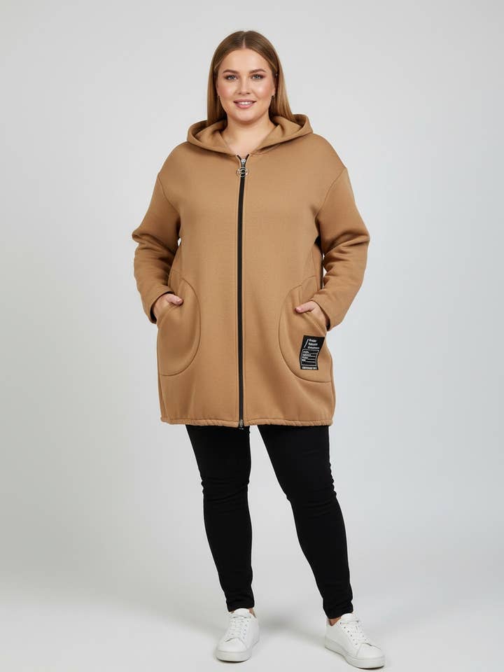 Plus size camel fleece coat (T37390) for wholesale by Pomme Rouge Paris
