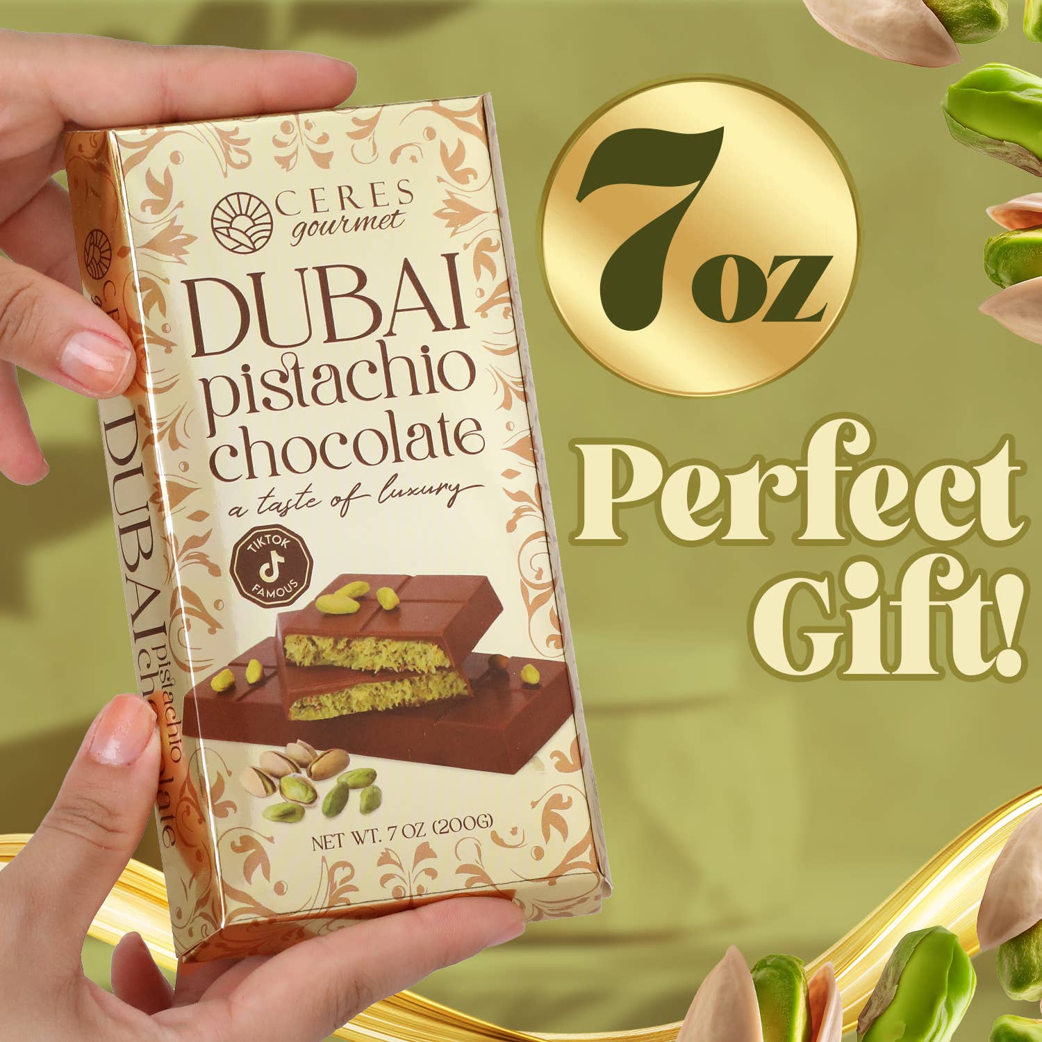 Ceres Gourmet - Wholesale Chocolate Bar - 7 oz Dubai Chocolate Pistachio Bar -Gift-Ready for Christmas1