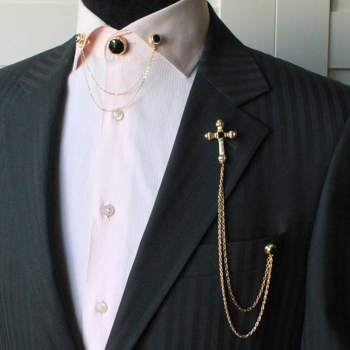 Gold & Silver Cross Lapel Pin Set with Black-Blue Stone for wholesale by COOLMENCLUB