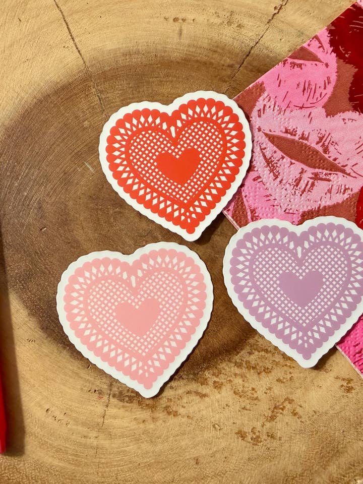 Doily Heart Stickers| Crochet Hearts| Valentine Day Stickers| Galentines Day Decals| Heart Vinyl Planner Stickers| Journal Gifts for Her for wholesale by The Haus of Holly