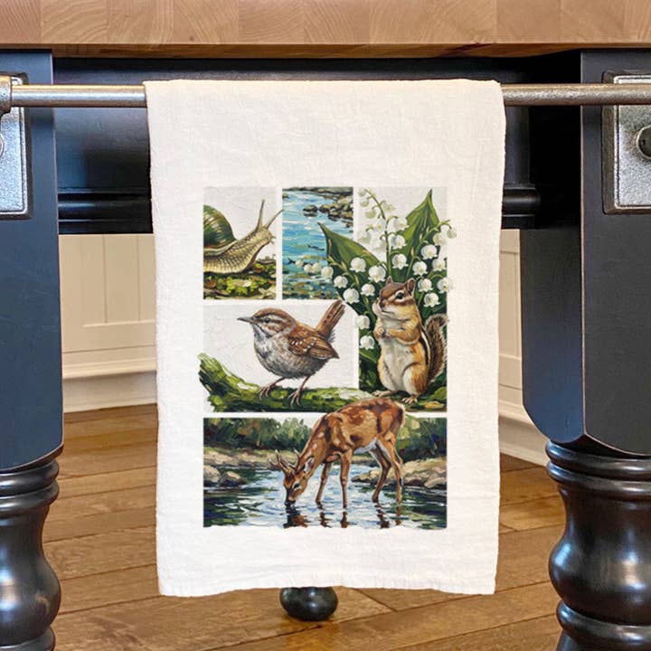 Spring Wildlife Collage - Oil Paint - Cotton Tea Towel for wholesale by North & Pine