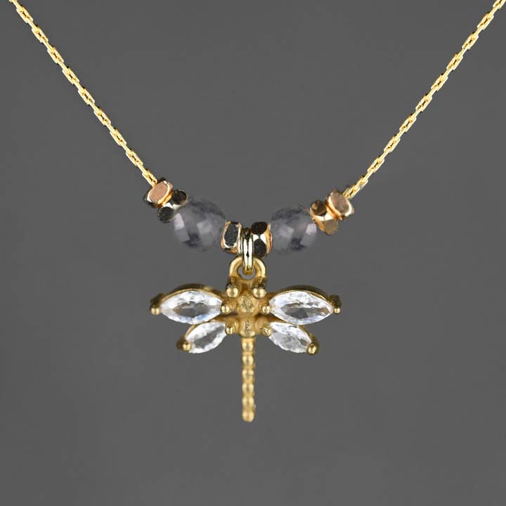 Small Dragonfly w/ Semi Precious Gemstones Necklace for wholesale by KBD Studio