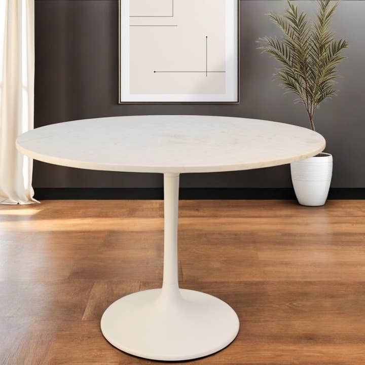 40" White Rounded Marble And Iron Pedestal Base Dining Table for wholesale by HomeRoots
