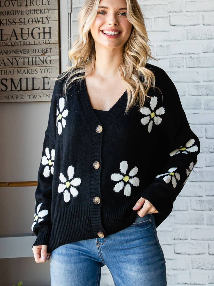 LONG SLEEVE BUTTON FRONT DAISY PRINT CARDIGAN for wholesale by Pink Irene Wholesale
