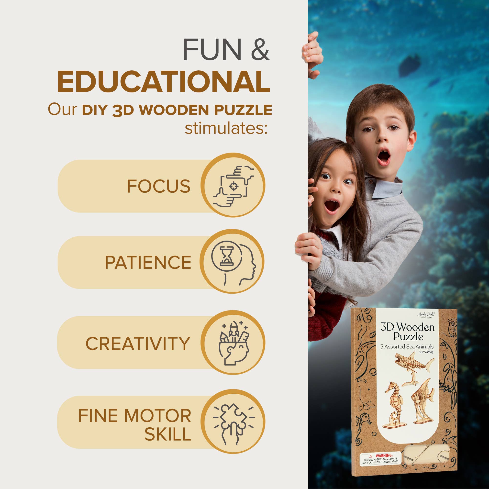 Hands Craft - Wholesale Puzzle - Kids - 3D Laser Cut Wooden Puzzle Bundle Pack: Sea Animals5