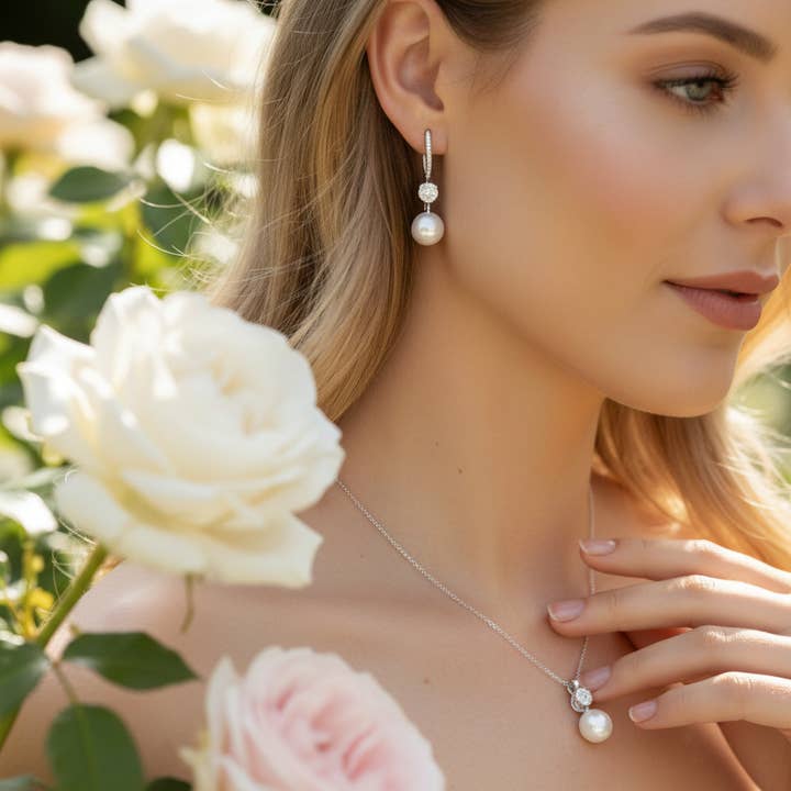 CZ COLLECTION - BEJEWELLED PEARL NECK SET -CZNK287 SILVER for wholesale by Athena Bridal Jewellery