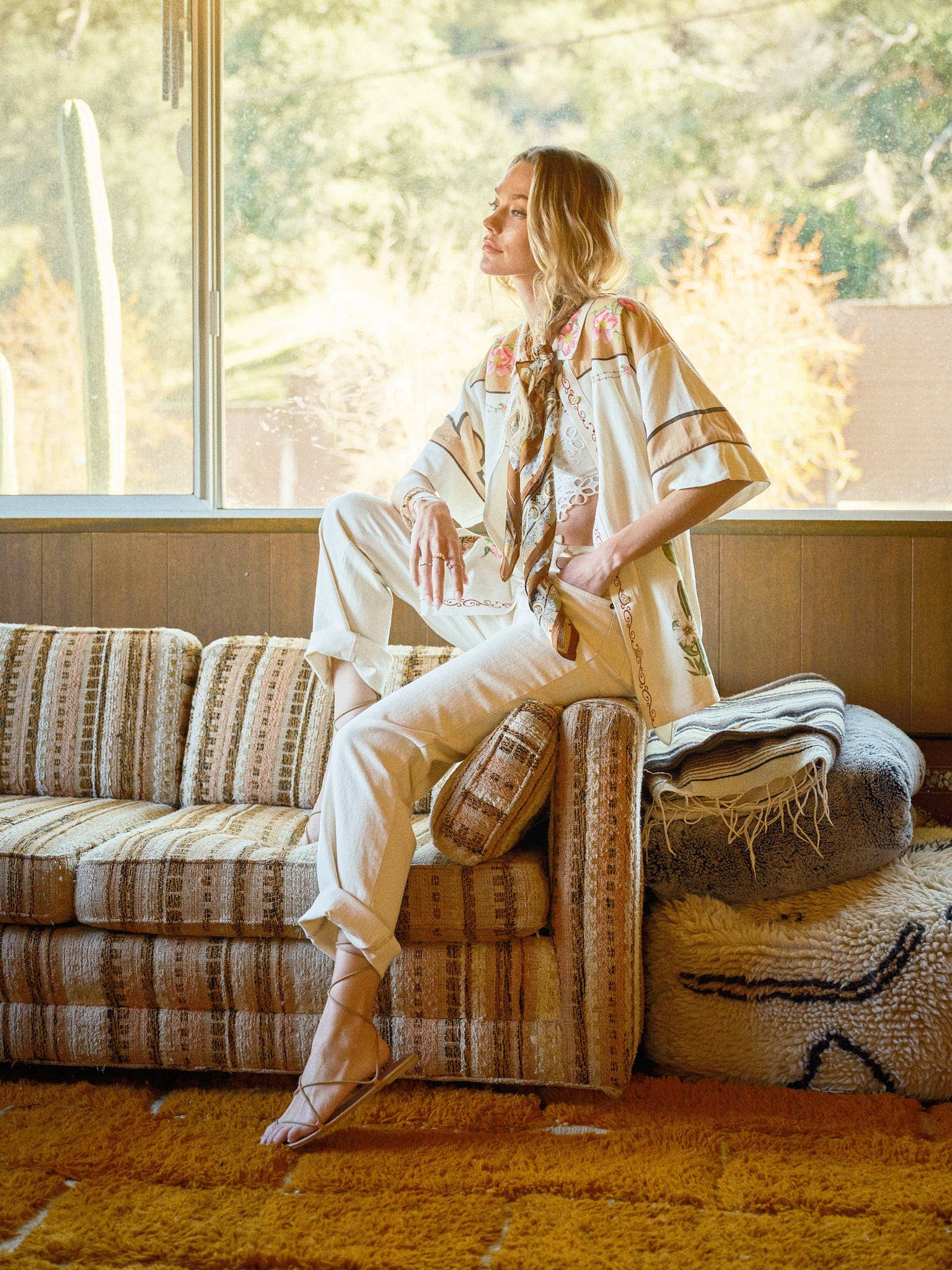 TAUPE MULTI 23649T - Embroidered Sequin Floral Linen Blouse for wholesale on Faire