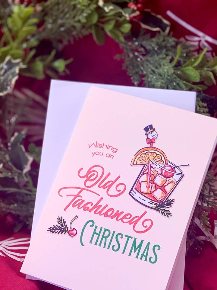 JUEGO DE TARJETAS - Tarjeta de Navidad de Cóctel Old Fashioned - JUEGO de 10 para venta al por mayor de Pink Squirrel Studios
