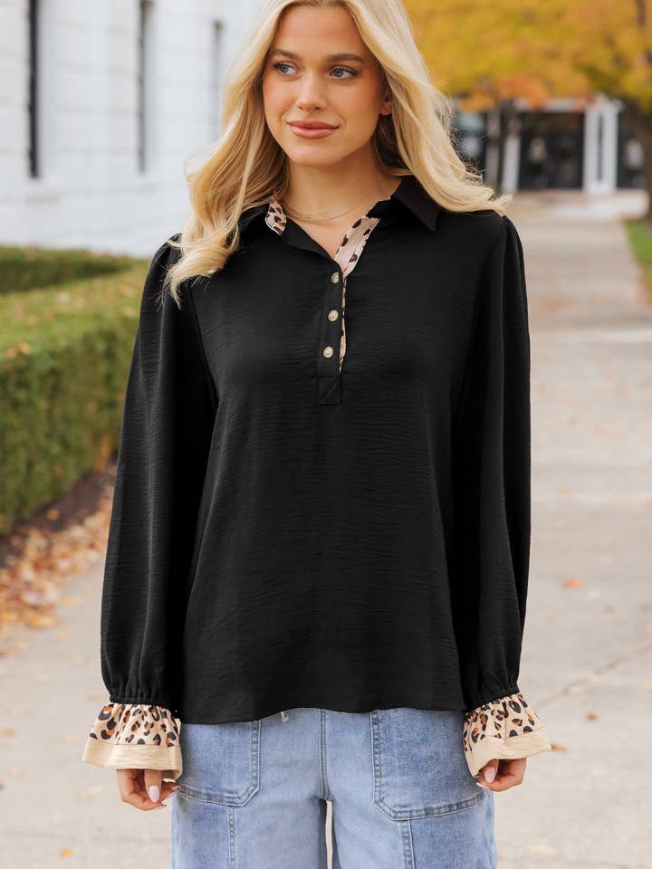 Chic Black Leopard Trim Long Sleeve Top | S-XL for wholesale by Aapparella