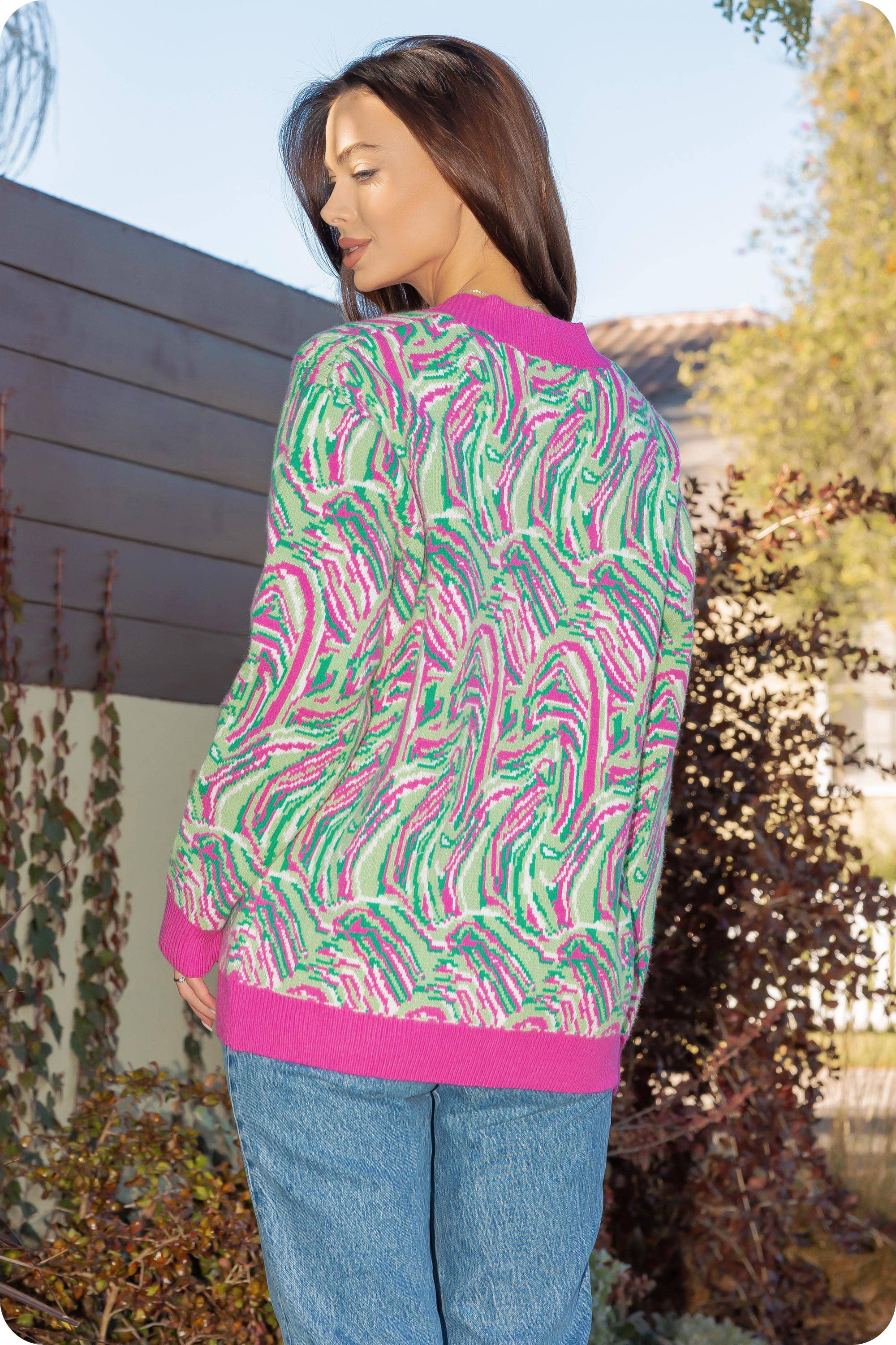 Rosa/Grön Multi Swirl Print Stickad Cardigan för wholesale på Faire12