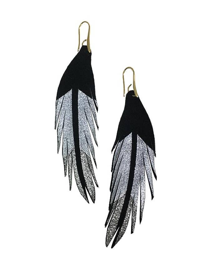 Short Feather Leather Earrings - Silver Glitter Painted for wholesale by The Supply Society