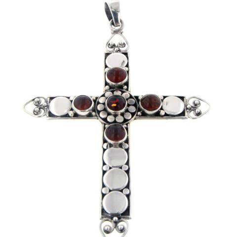 3" Tall Sterling Silver Large Baltic Amber Cross Pendant for wholesale by Silver Insanity