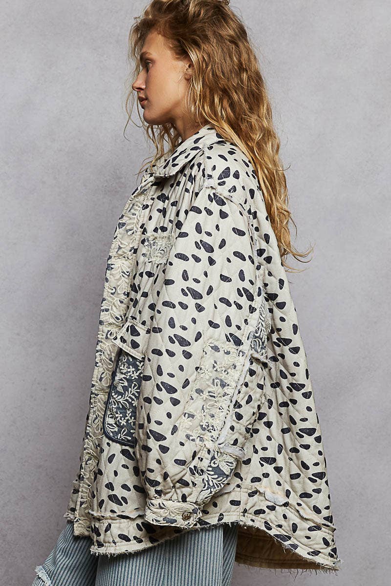 OATMEAL MULTI Long sleeve elbow patch overlaid lace quilted woven jacket for wholesale on Faire2