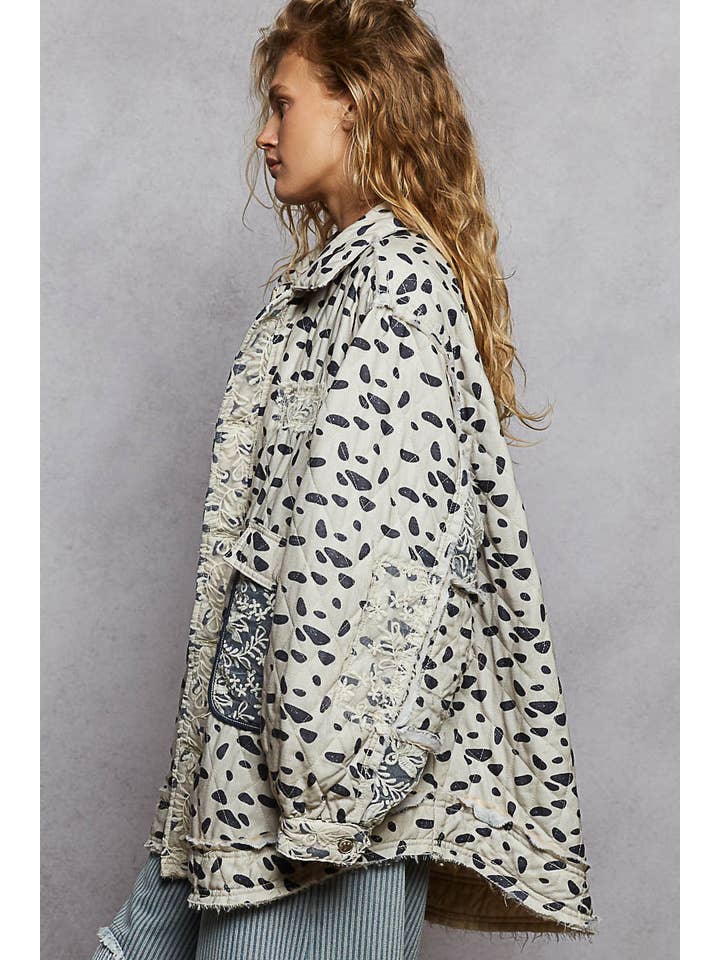 OATMEAL MULTI Long sleeve elbow patch overlaid lace quilted woven jacket for wholesale on Faire2