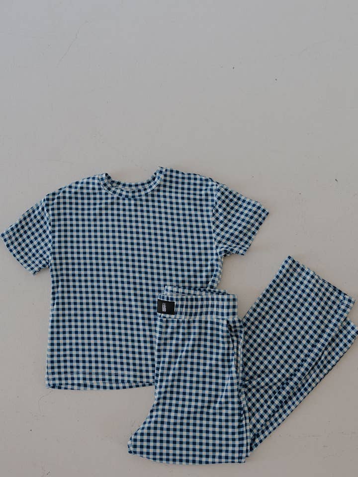 Child Boxy Tee Lounge Set | Blue Gingham for wholesale by Forever French Baby