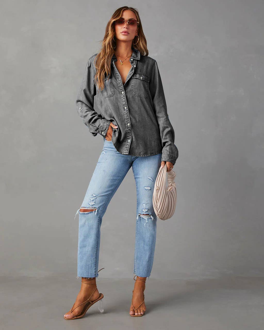 Hope & Sunshine – Camisa com botões no colarinho – Mulher por atacado – Camisa jeans casual feminina com botões5