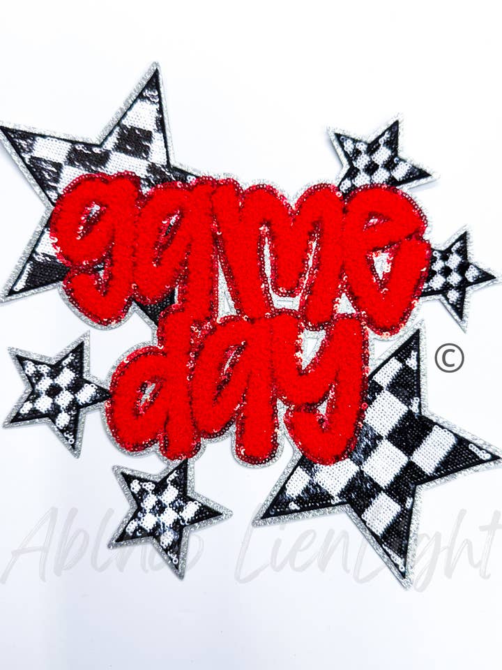 Red Game Day Checkered Star Sequins Chenille Patch for wholesale by ABLNco