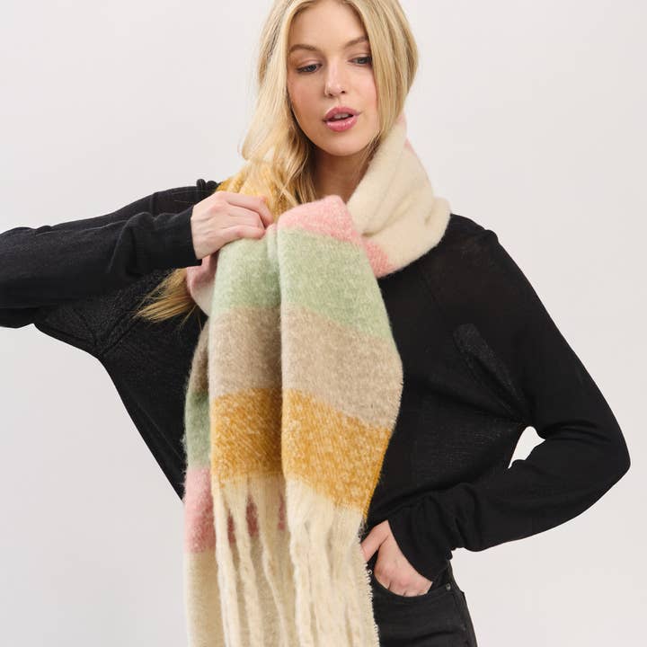 Hana - Wholesale Scarf - Women's - Multi Color Striped Brushed Fringed Winter Scarf20