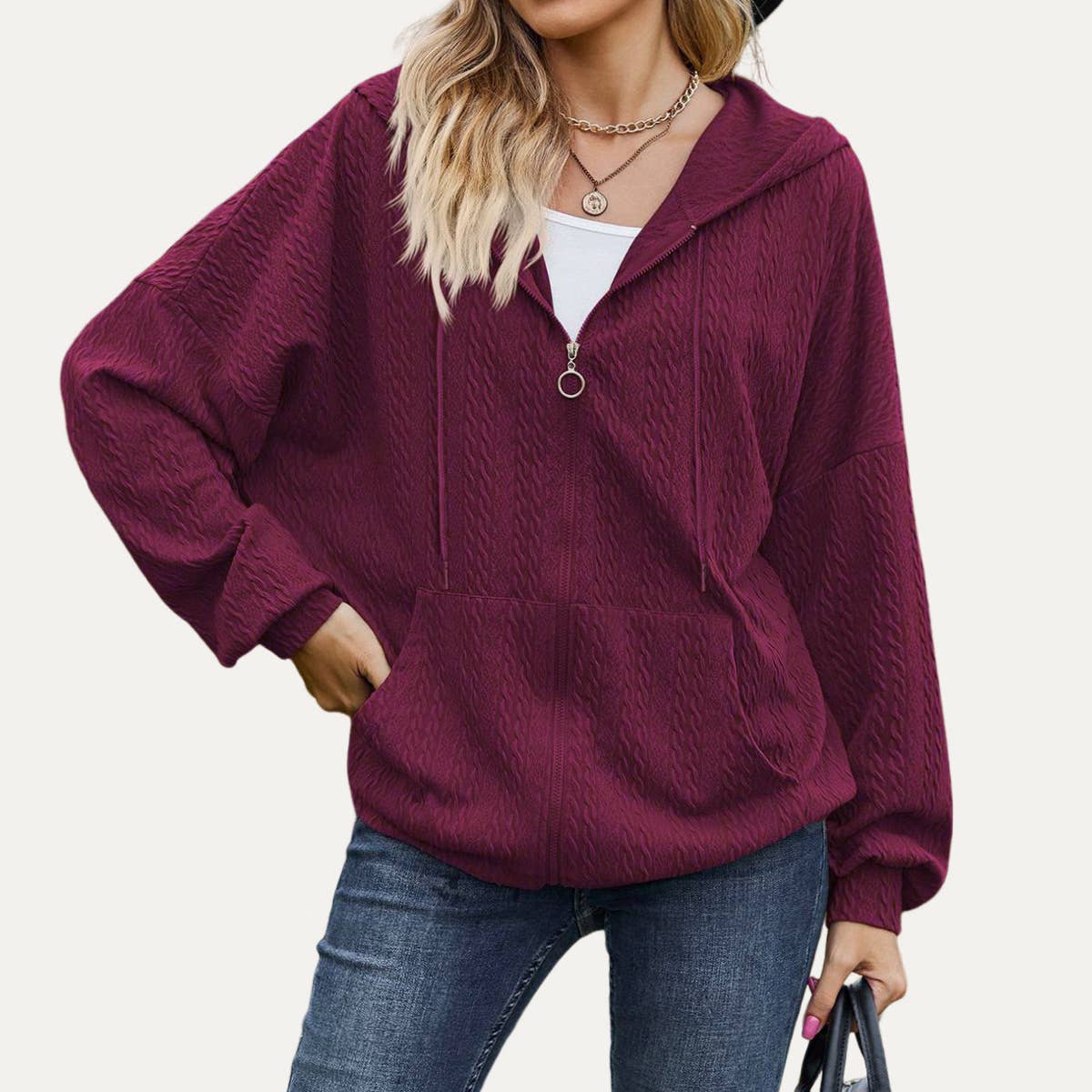 The Moment Collection - Wholesale Jacket - Women's - Leisure Days Textured Oversize Zip-Up Hooded Jacket5