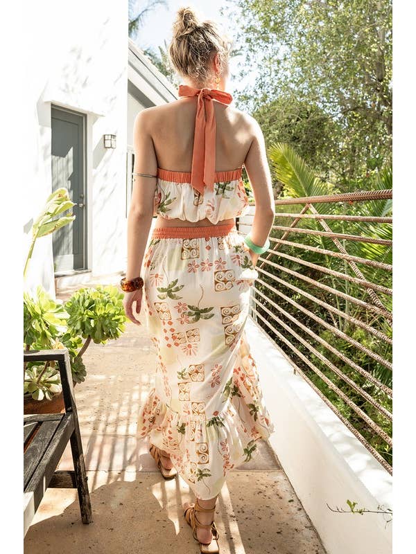 Cream Multi Printed Halter And Skirt Set for wholesale on Faire1