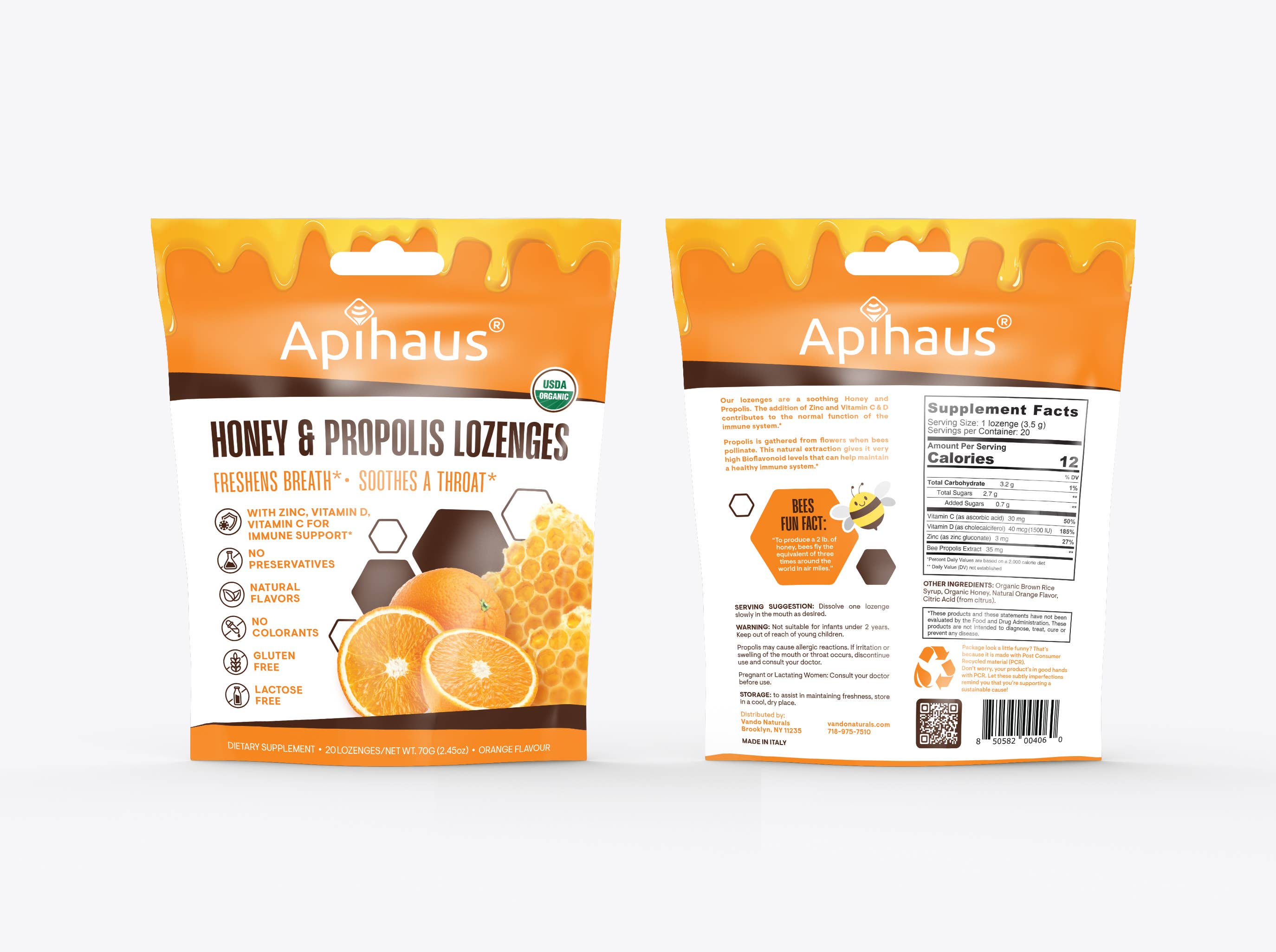 Vando Naturals - Wholesale Lozenges/cough drops - Apihaus Honey and Propolis Lozenges Orange Flavor  20 pcs2