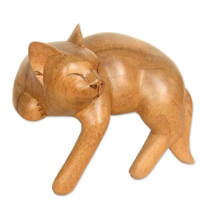 Smiling Cat Relaxes Wood Sculpture for wholesale by NOVICA
