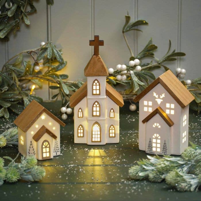 Langs - Wholesale Christmas Decoration - Love at Christmas Ceramic Led House With Cut Out Stars and Elements of Wood2