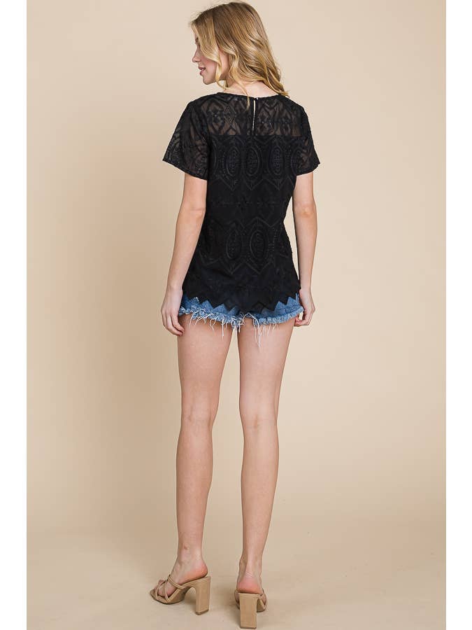 BLACK Round Neck Short Sleeve Zig Zag Edge Lace Top with Lining for wholesale on Faire