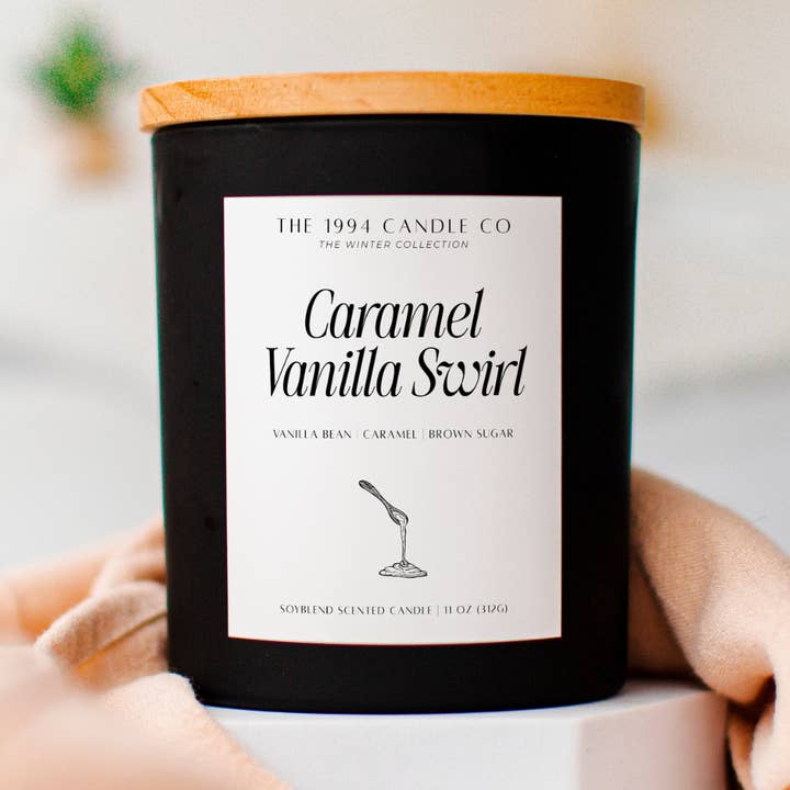 Caramel Vanilla Swirl Matte Black Candle for wholesale by The 1994 Candle Co