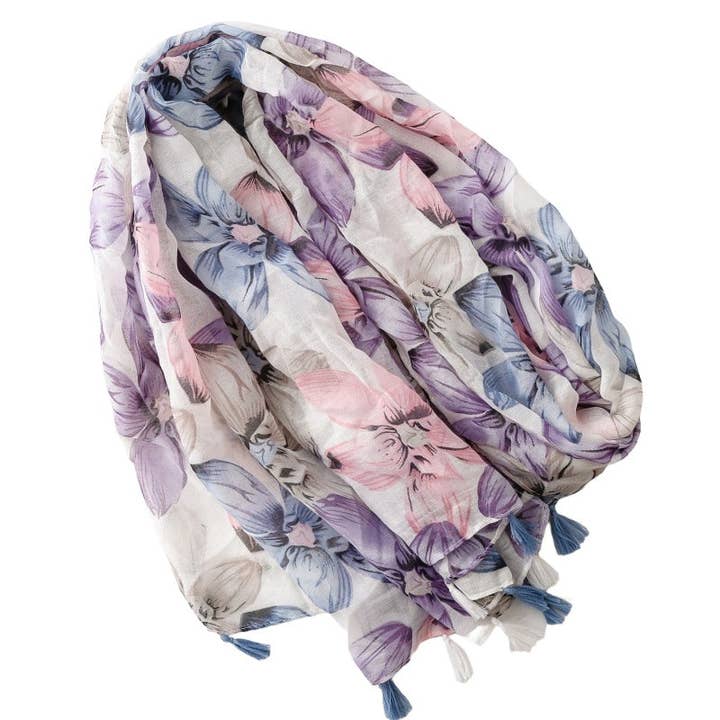 Purple Batik Floral Fringe Shawl M5A246 for wholesale on Faire3