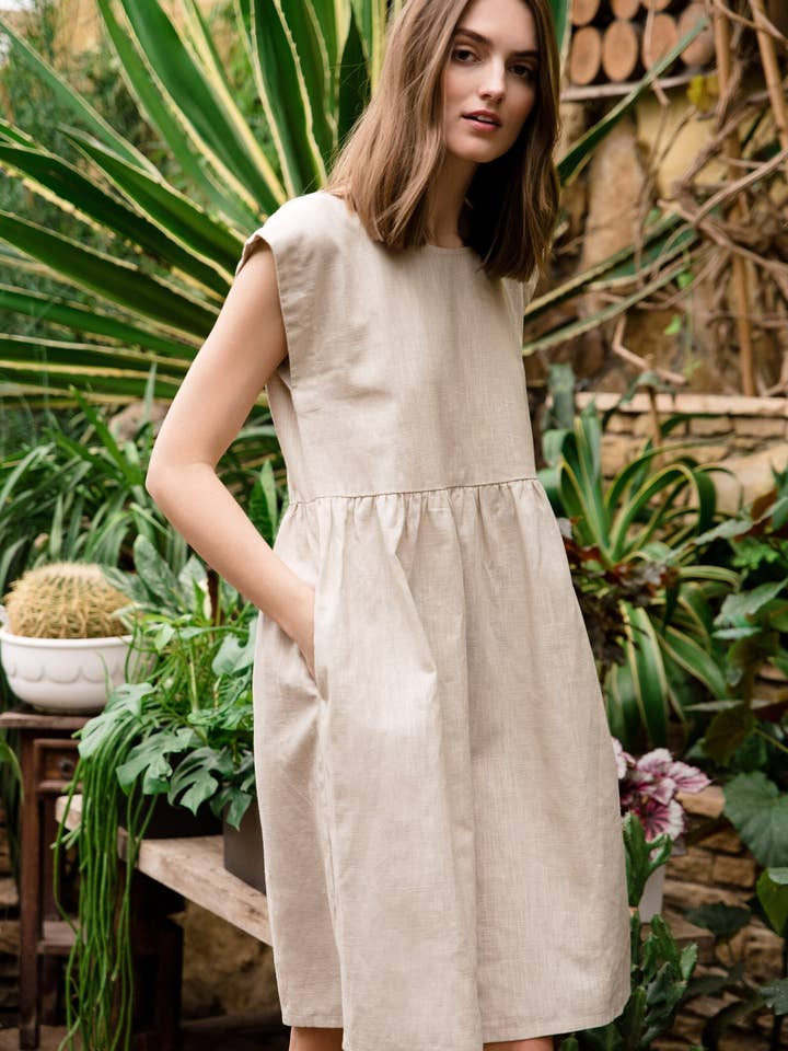 Beige Linen Dress By Lemuse, Linen Smock Dress, Loose Midi for wholesale by LeMuse