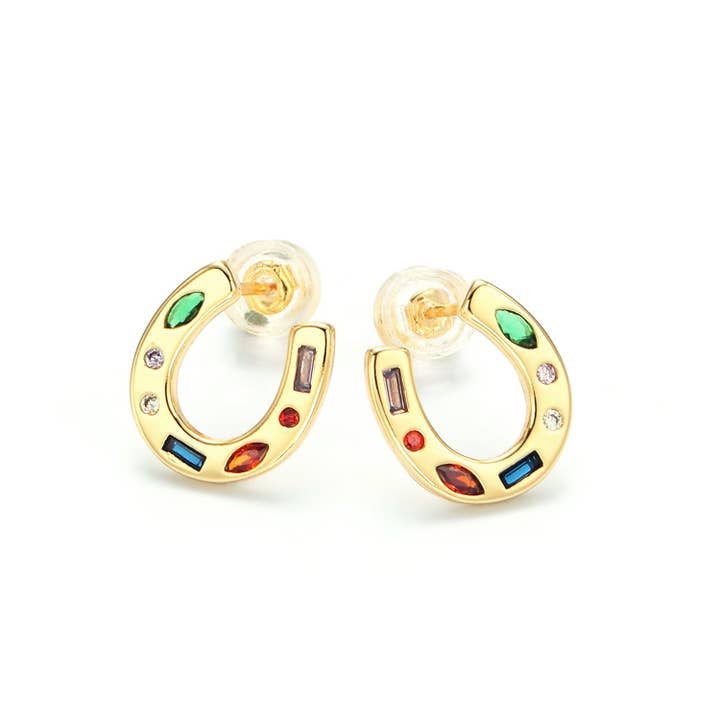Gold Multicolor CZ Horseshoe Stud Earrings ✦ EA-21AD604 for wholesale by Simply Jewels