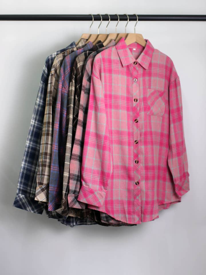 T2412MD53254 - Oversized geruite flanellen blouse voor wholesale door ESLEY