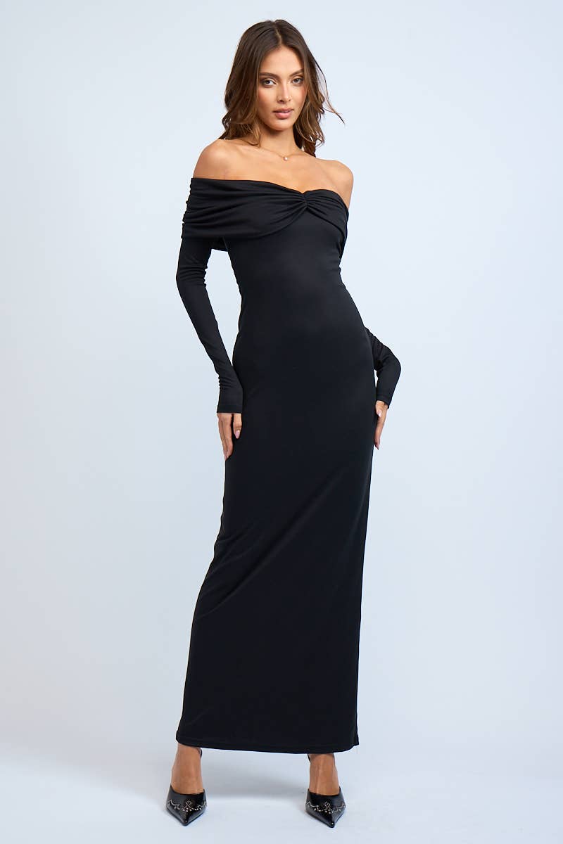 Sky to Moon - Wholesale Dress - Women's - OFF-SHOULDER LONG SLEEVE RUCHED FIT-IN MAXI DRESS1