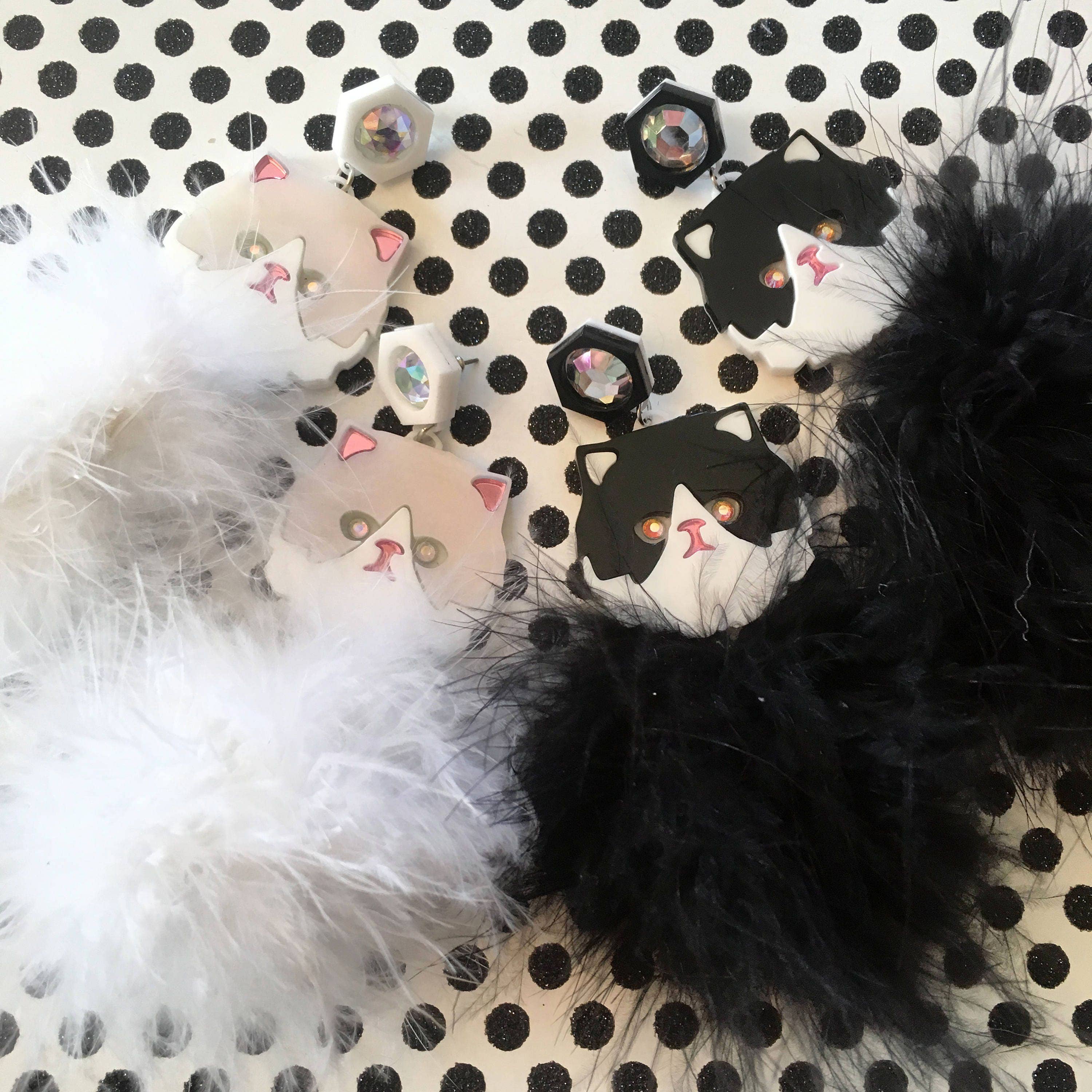 I'm Your Present - Wholesale Dangle Earrings - Persian Kitty Cat And Pom Pom Earrings In White Or Black & White, Laser Cut Acrylic, Plastic Jewelry4