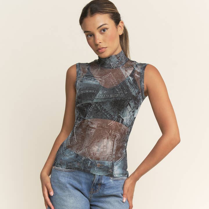 Patchwork Denim Print Turtleneck Sheer Mesh Fitted Tank Top for wholesale by YNEZ