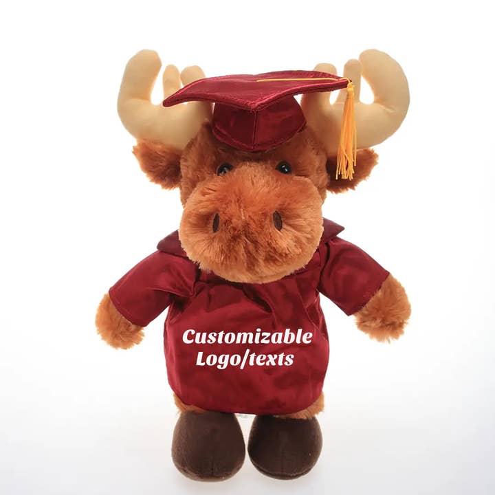11″ Personalized Graduation Moose Plush in Custom Cap & Gown for wholesale by Plushland