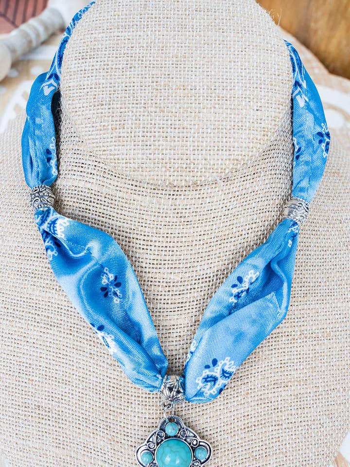 Shiny Luxe Blue Prescott Paisley Fabric Necklace for wholesale by Wholesale Accessory Market