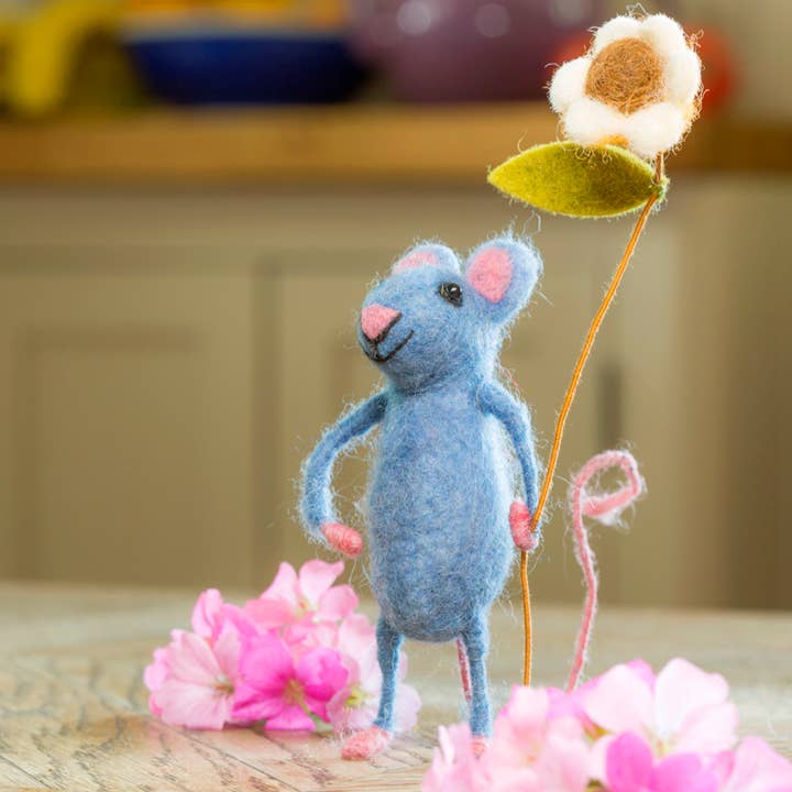 Sew Heart Felt - Wholesale Decorative Tabletop Object - Blue Mouse Holding a Flower
