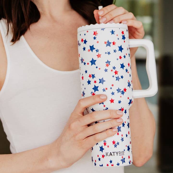 Red, White, Blue STAR 38 Oz Tumbler w/ Handle for wholesale by Katydid