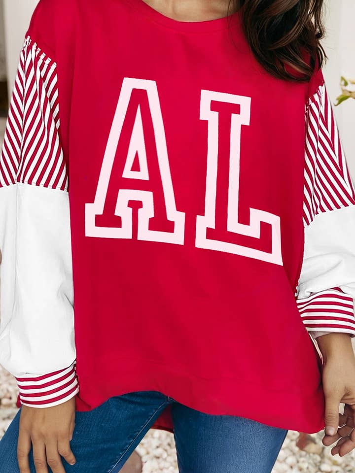 LDC Red AL Color Block Striped Patchwork Baggy Crew Neck for wholesale by Little Daisy Closet