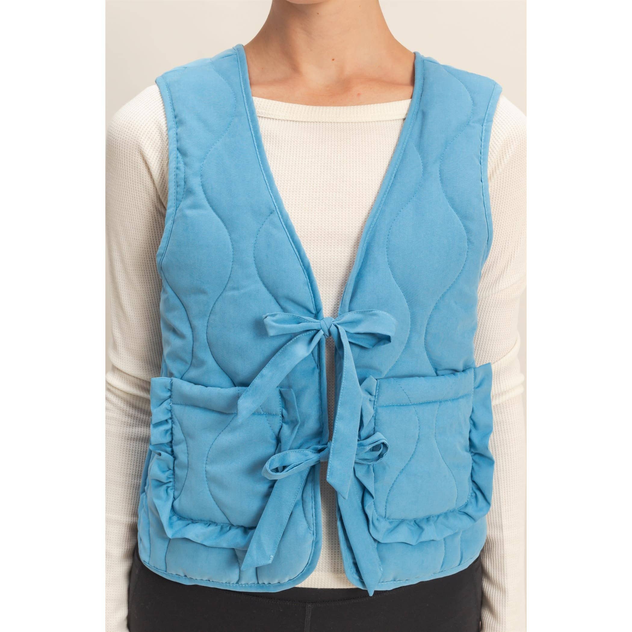 Double Zero - Wholesale Outerwear Vest - Women's - Quilted Vest With Tie-Front And Patch Pockets7