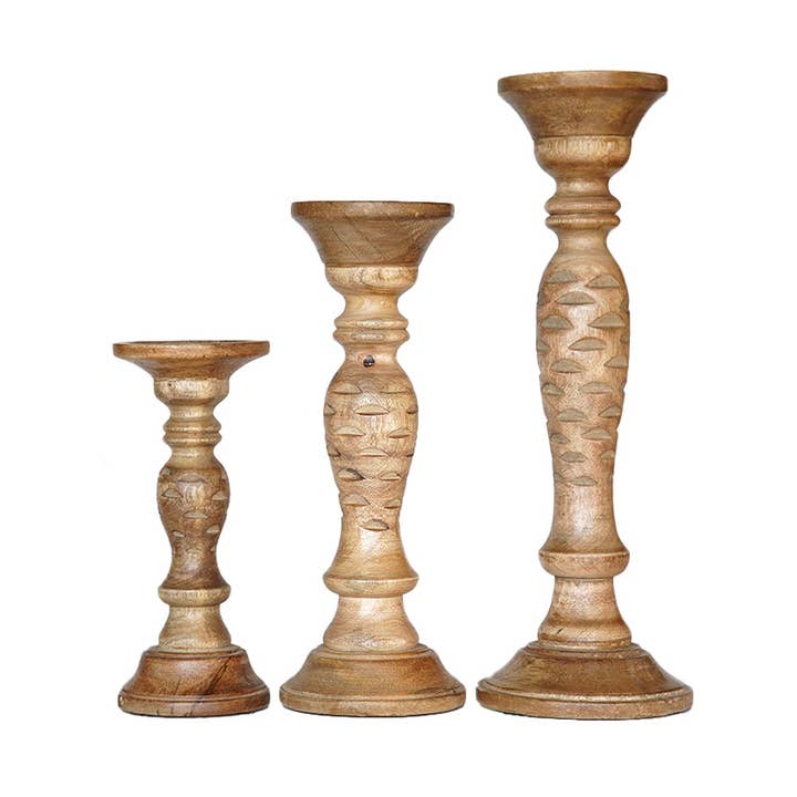 Handmade Wallnut Mango Wood Set Of Three Pillar Candleholder for wholesale by BBH Homes LLC
