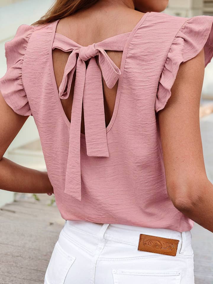 Blossom Bow Knot Decor Open Back Flutter Sleeve Blouse for wholesale on Faire