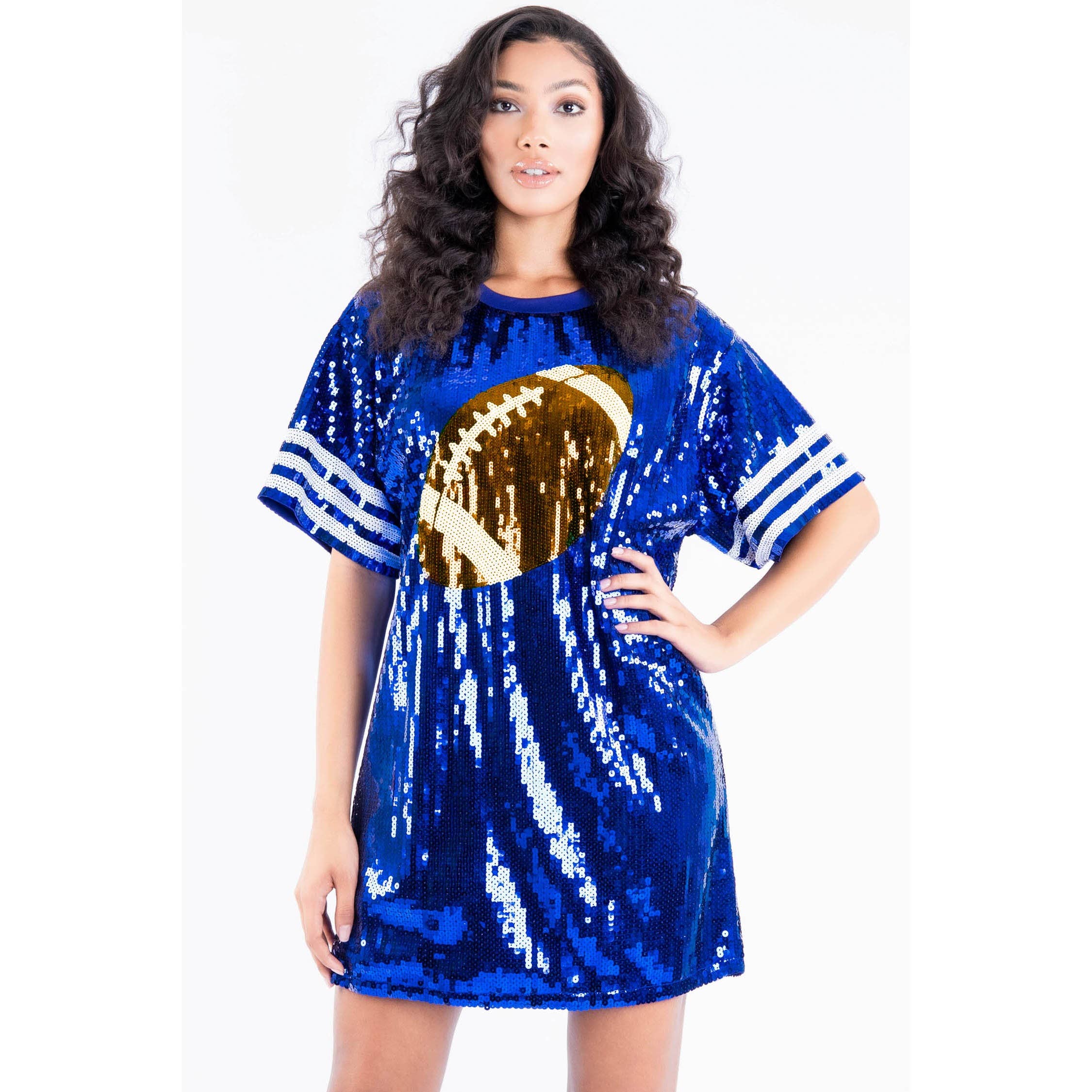 Peacocks & Pearls Touchdown Sequin T-Shirt Dress Blue / M