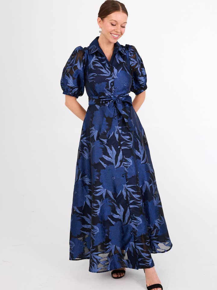 Charlotte Gown Royal Blue Pansy Vine Organza for wholesale by Abbey Glass