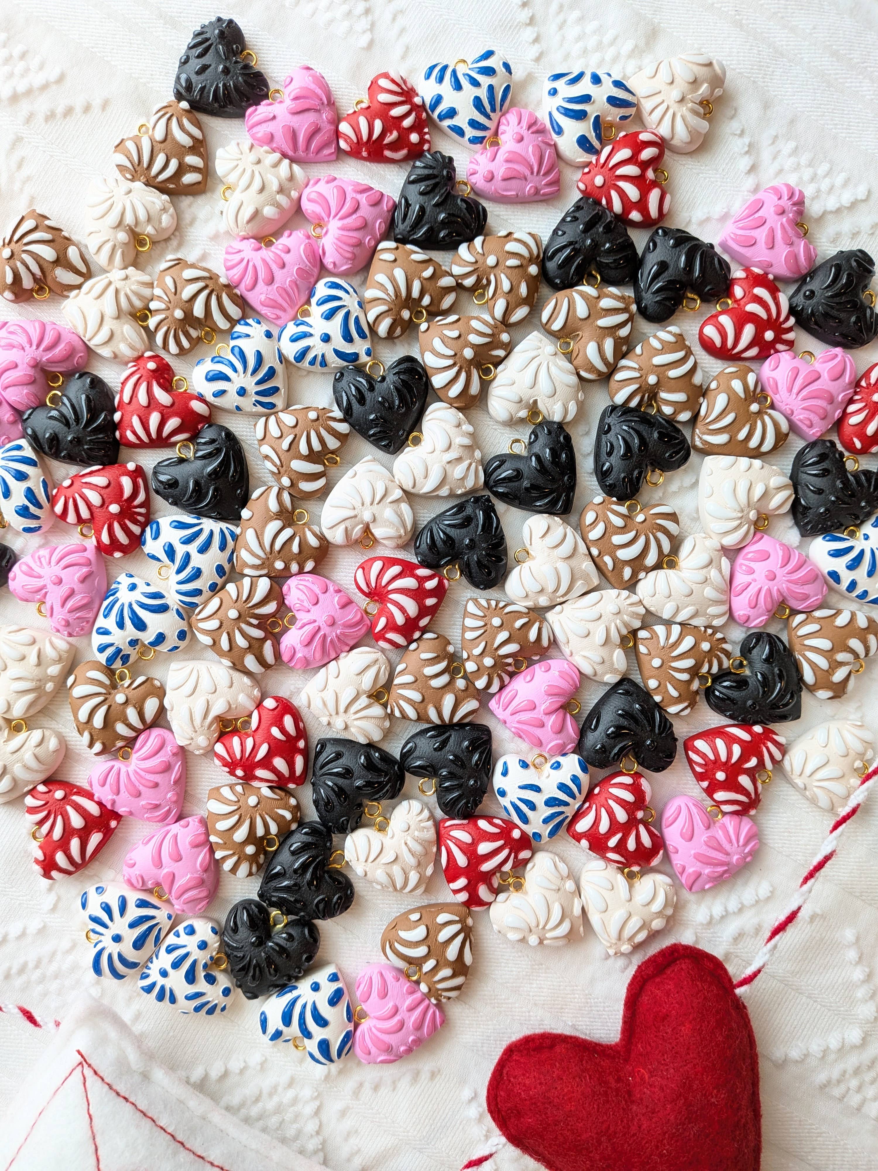 Moon & Cats - Wholesale Dangle Earrings - White talavera on beige hearts3