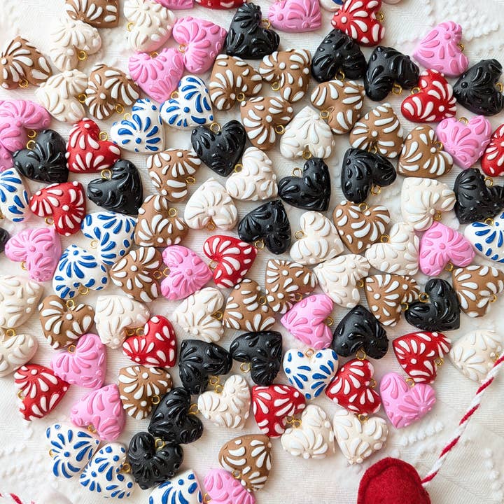 Moon & Cats - Wholesale Dangle Earrings - White talavera on beige hearts3