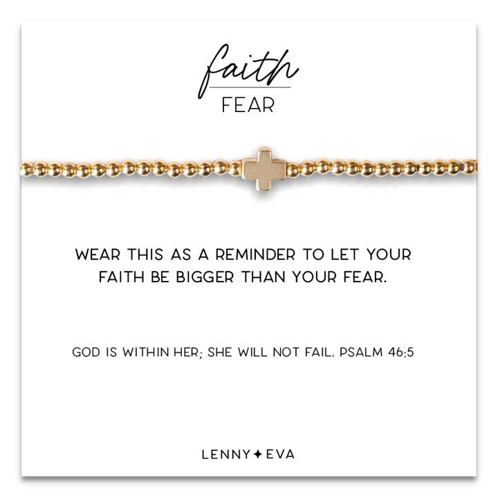 Lenny & Eva - Wholesale Beaded Bracelet - Faith Over Fear Cross Bracelet, 4mm -Gold Beaded | Christian