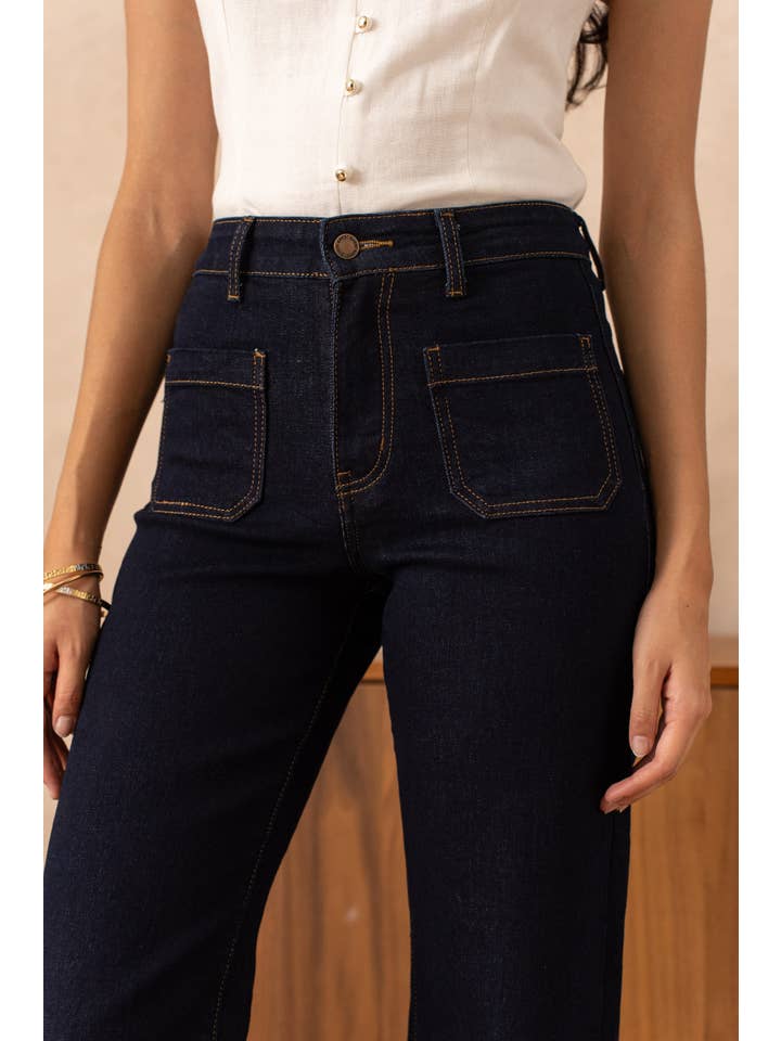Dark Blue Wide-leg raw jeans with patch pockets for wholesale on Faire3